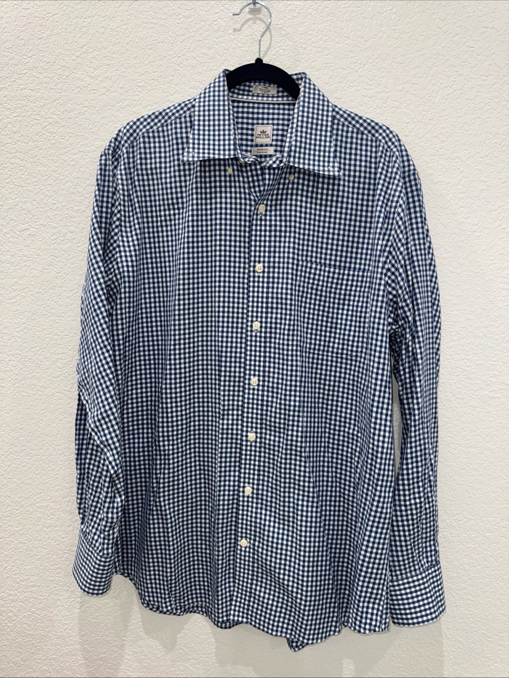 Peter Millar Nanoluxe Easy Care Mens Large Blue Gingham Button Front Shirt